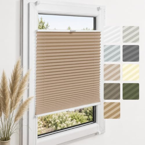 Home-Vision Premium Plissee ohne Bohren Klemmfix Beige B75 x H200cm | Faltrollo Easyfix Klemmträger Verdunklung Blickdicht Sonnenschutz Jalousie für Fenster & Tür