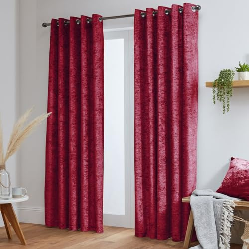 John Aird Crushed Velvet Fully Lined Eyelet Curtains (Raspberry Red, 90 Wide x 90 Drop)