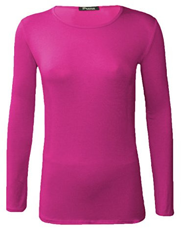 Ladies Womens Plain Long Sleeve Round Neck Top Basic T Shirt Layering Plus Sizes UK 8-18 (XL (UK 16-18), Fuchsia)