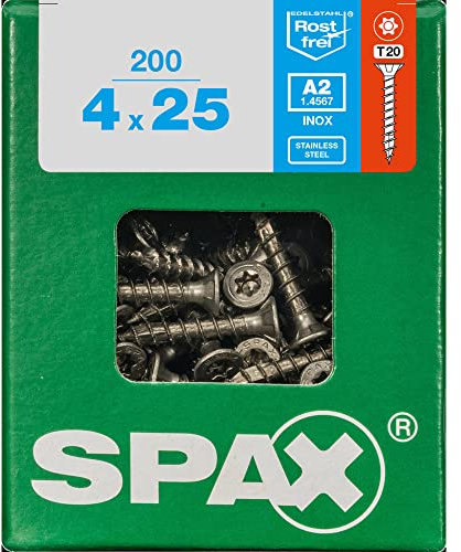 SPAX 4197000400257 Schraube 25 mm, 200 Stück (Schraube, Edelstahl, Holz, Flachkopf, Torx, Silber)