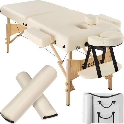 TecTake® Table de Massage Pliante Professionnelle 2 Zones Ergonomique Massage et Relaxation Bois Table Esthetique Professionnel Lit de Massage Portable, Rouleaux & Housse de Transport - Beige