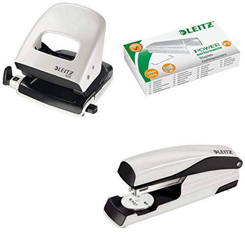 Leitz 5008 NeXXt Series Bürolocher, Metall, bis zu 30 Blatt / Kombi-Set mit Heftgerät + 1000 Klammern extra (grau)