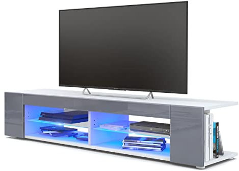 Vladon Lowboard Movie, TV-Kommode mit 4 offenen Fächern und Zierleisten, Weiß matt/Grau Hochglanz, inkl. LED-Beleuchtung blau (134 x 29 x 39 cm)