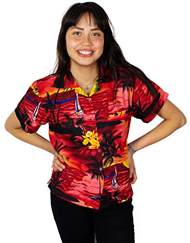 King Kameha Funky-Hawaii-Bluse-Hemd, Damen, Kurzarm, Surf, Rot, L