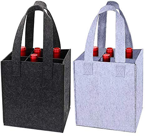 VINFUTUR 2 Pack Bottle Carrier Bags Wine Bottle Carriers Felt Wine Tote Bag with Flexible Divider 6 Bottles Wine Carrier for Travel Picnic Party/Wine Carrier for Gift (Dark Grey + Light Grey)