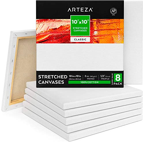 Arteza, Confezione da 8 tele per pittura tesate, quadrate, da 25 x 25 cm, vuote, in 100% cotone primerizzato, per colori a olio e acrilici, colata e strumenti a umido, per artisti e principianti