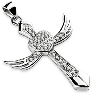 Paula & Fritz® Damen Ketten-Anhänger Kreuz Engelsflügel Zirkonia Klar 316L Chirurgenstahl Silber Halsketten-Anhänger Pendant Herren-Kettenanhänger