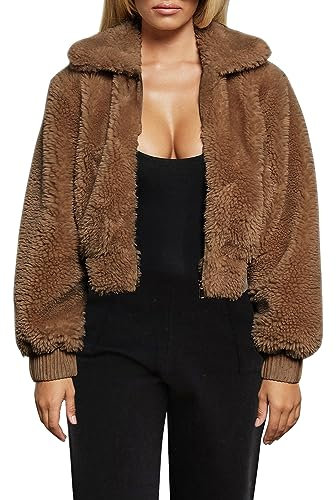 FANCYINN Manteau Col Fausse Fourrure Femme Veste Lâche À Manches Longues Outwear Poche Zipper Hiver Veste Court Marron foncé XL