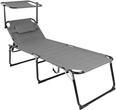 Spetebo XXL Aluminium Gartenliege mit Sonnendach - Grau - Sonnenliege gepolstert mit Kopfkissen - Relax Garten Sonnen Liege mit breiter Liegefläche Dach Kissen