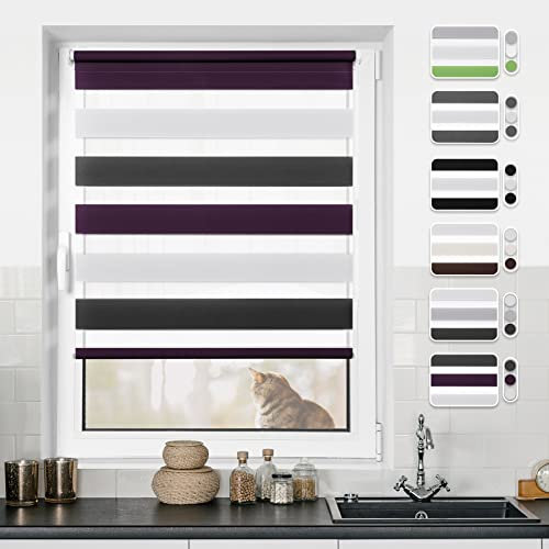 Doppelrollo Klemmfix ohne Bohren Rollos für Fenster ohne Bohren mit Bohren Weiß-anthrazit-lila B90 x H110cm -Stoffbreite 86cm Rollo Fensterrollo Klemmrollos Fensterrollo innen