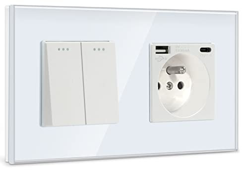 BSEED Interrupteur avec Prise Murale USB et 1 Type C Blanc,2 Gang 1 Voie Interrupteur d'éclairage pour la salle de bains,Interrupteur à bascule avec panneau en verre,Multiprise Murale avec USB-2.1A