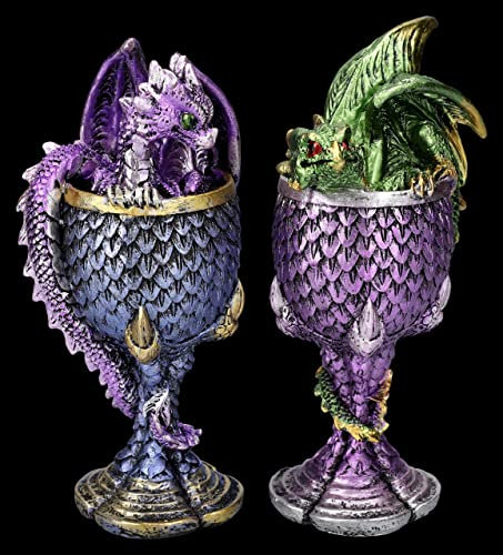 Drachen Figuren sitzen in Kelch 2er | Fantasy Deko Statue