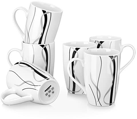 VEWEET Juego de 6 Tazas de Café 480 ml Juego de Tazas para 6 Personas, 6 Piezas Tazas Mugs de Café de Porcelana para el Desayuno Suplemento de la Serie FIONA, Líneas de Negro y Plata