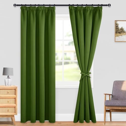 DWCN Vorhänge Blickdicht Verdunkelungsvorhänge Thermovorhänge mit Kräuselband Gardinen mit Vorhang-Krawatten, Fensterdeko schlafzimmer Vorhang Kälteschutz, 2er Set, Oliv Grün,228x117cm (Höhe x Breite)