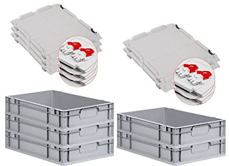 PROREGAL SuperSparSet 5x Eurobox NextGen Economy mit Scharnierdeckel & roten Verschlüssen | Griffe geschlossen | HxBxT 12x40x60cm | 23 Liter | Eurobehälter Transportbox Transportbehälter