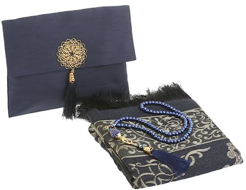 Prien Muslimischer Gebetsteppich Mit Gebetsperlen Für Frauen Männer, Geschenke Bayram, Ramadan, Teppich Beten Islam, Gebetsteppich Set, Islamische Gebetsmatte, Seccade Namaz, Muslim Mat (Marineblau)