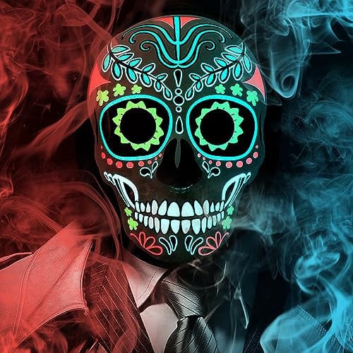 Meetory Masque d'Halloween à LED pour adultes, masque lumineux pour le jour des morts avec 3 modes d'éclairage et bandeau réglable, masque d'Halloween pour hommes, femmes, enfants