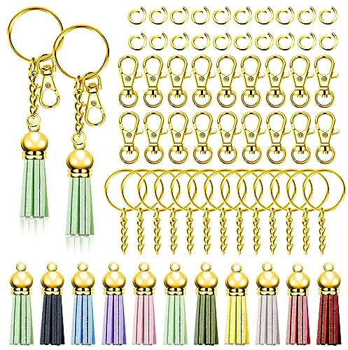 Swpeet 140Pcs Gold Schlüsselanhänger Tassles Kit, Schlüsselanhänger Ringe Bulk, umfassen 35Pcs Schlüsselanhänger Ringe, 35Pcs Schlüsselanhänger Tassles, 35 Hummer Verschlüsse und 35 Jump Ringe