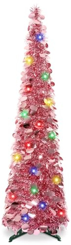 Pinkswan 5Ft Pink Pencil Christmas Tree With Lights, Artificial Pop Up Collapsible Tinsel Slim Xmas Tree for Holiday Home Office Fireplace Party Decorations