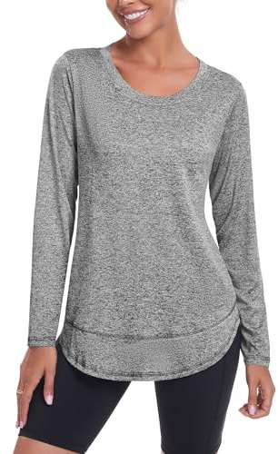 Deaviya Womens Long Sleeve Sports Tops UK, Sport Yoga T-Shirt Workout Running Tops, Crew Neck Quick Dry Golf Activewear Ladies Gym Sports Top, XXL,Light Grey