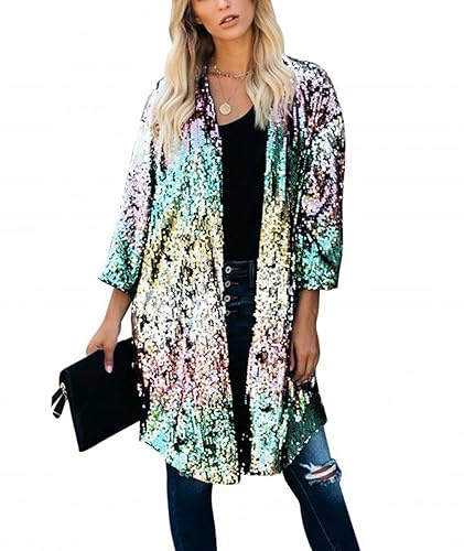 SEMATOMALA Damen Pailletten Open Front Long Blazer 3/4 Ärmel Sparkly Duster Cardigans Glitter Shiny Party Festival Outfits, Mehrfarbig, XX-Large