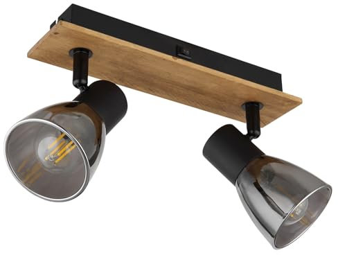 Spot – Marron – Noir – Fumé – Verre – Bois – Métal – Lampe sur Pied – 2 ampoules – Largeur 25 cm