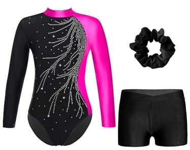 iEFiEL Mädchen Turnanzug Gymnastik Trikotanzug Glänzende Tanzbekleidung Set Klassisch Gymnastikanzug Langarm Tanzbody Zd Rosa Schwarz 170-176