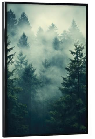 artboxONE Poster mit schwarzem Rahmen 30x20 cm Natur Der Wald im Nebel - Bild nebelwald Kunst Wald morgennebel