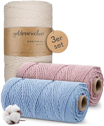 goldmariechen Premium Makramee Garn 3er Set (Naturell, Himmelblau, Altrosa) | 3mm x 100m | 100% Baumwolle | plastikfreie Verpackung | Makramee Baumwollgarn für DIY Handwerk