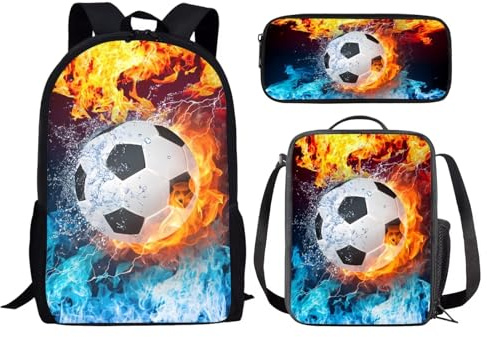 chaqlin Lot de 3 sacs d'école pour enfants avec sac à déjeuner, trousse à crayons, motif animal, dinosaure, loup, football, sacs à livres pour garçons et filles, Sport Fire Football, Taille unique,