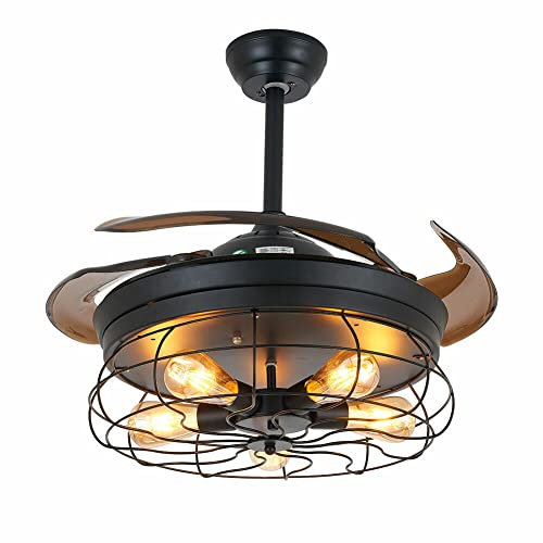 Ventilador de techo industrial de 36 pulgadas con aspas retráctiles, 4 luces, lámpara de techo de jaula vintage, 3 cambios de velocidad con control remoto, ventilador de araña negro para cocina, dormi
