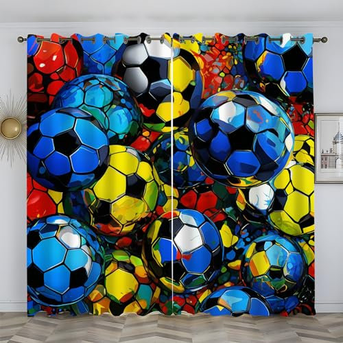 loyaltyer Verdunkelungsvorhang für Kinderzimmer Farbe, Fußball Gardinen mit Ösen Blickdichter Vorhang für Kinderzimmer Schlafzimmer Wohnzimmer 2Er-Set Gardinen, 2x160x100 cm(HxB), Geometrie