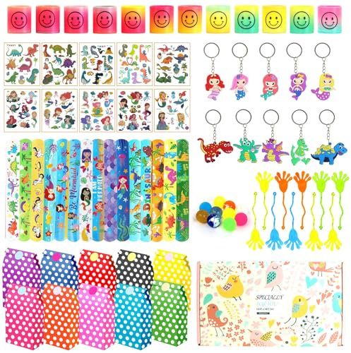 Qcdou 78 Stück Mitgebsel Kindergeburtstag Set, Dino Party Mitgebsel Meerjungfrau Geburtstag Deko, Stempel/Tattoos/Exquisite Geschenkbox/Schnapparmband, Spielzeug FüR Kinder Partybeutelfüller(C)