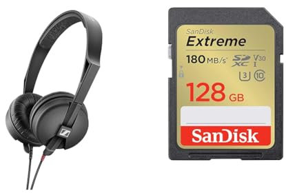 Sennheiser HD 25 LIGHT Lightweight On-Ear DJ & Monitoring Headphones & SanDisk 128GB Extreme SDXC card + RescuePro Deluxe up to 180 MB/s UHS-I Class 10 U3 V30
