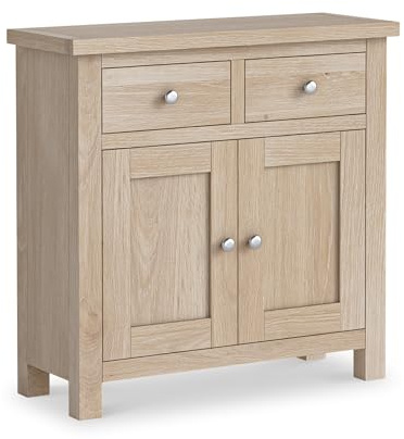 RoselandFurniture Farro Oak Mini Sideboard Cabinet for Living Room | Fully Assembled, Washed Wooden Storage, 2 Door 2 Drawer Unit, Coastal Farmhouse Style, H75cm W75cm D32cm