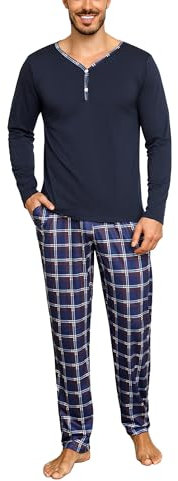 Irdcomps Schlafanzug Herren Lang Pyjama Baumwolle Nachtwäsche Set Männer Karierter V-Ausschnitt mit Knöpfen Navyblau XXL