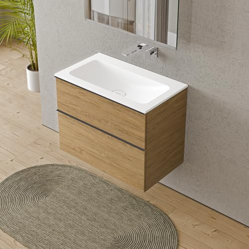 BERNSTEIN Badmöbel-Set Lavoa, Waschtisch-Unterschrank mit Waschbecken 80cm in Eiche - CREAM - Weiß matt ohne Hahnloch - 2 Schubladen, Griffe in Anthrazit, vormontiert, 5 Jahre Garantie