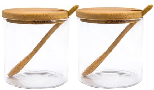 Happyupcity 2Pcs 200ml/6.7oz Clear Glass Spice Jar with Lids and Wooden Spoon Empty Storage Containers Kitchen Canisters for Salt Coffee Beans Spices Candy