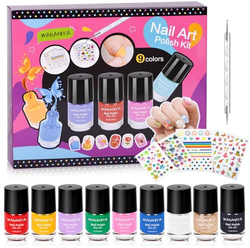 wakaniya Kids Nail Polish Sets for Girls, Quick Dry Non Toxic Peel Off Toddler Nail Varnish with Diamond Stickers, Low Odor Water Base Nail Polish for Kids 3+