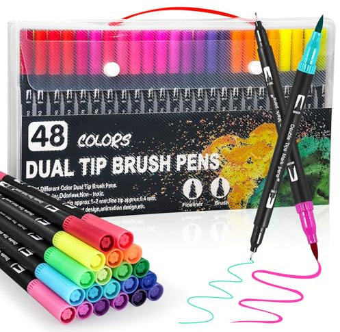 joyoldelf Feutres Coloriage Adulte et Enfants - 48 Couleurs Feutre Tooli Art, Double Pointe Feutre Aquarelle Pour Dessin, Mandalas, Manga, Doodling, Brush Pen Marqueur Pour DéButants et Artistes