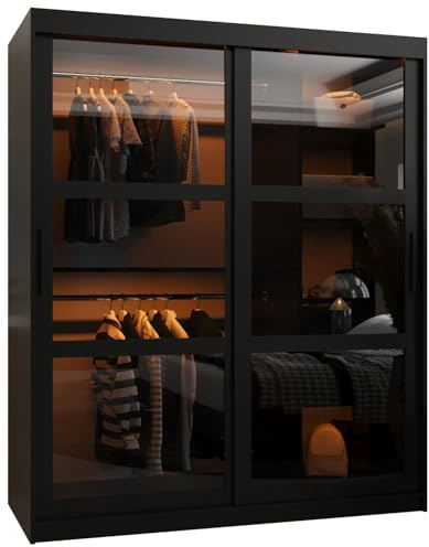 MEBLE KRYSPOL Dome Schrank mit Zwei Schiebetüren mit Spiegel, Stangen und Regalen - Aufbewahrungsschrank mit Rauchglas für Schlafzimmer, Wohnzimmer - 200x150x62cm - Schwarz, Schwarz, Schwarz