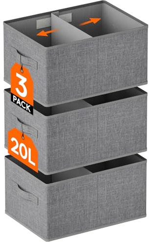 Lifewit Groß 3er Set Aufbewahrungsboxen, faltbarer Kleiderschrank Aufbewahrungskorb mit EntfernbareTrennwand, Aufbewahrungsschublade aus Stoff mit Griff für Kleidung, Hosen, Socken, 40 x 28 x 20 cm