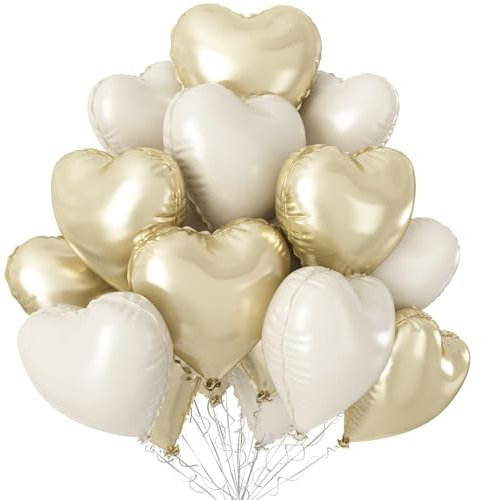 Champagne Gold Cream Heart Balloons,12Pcs 18 Inch Beige Foil Love Heart Shaped Balloons for Birthday Party Wedding Engagement Anniversary Graduation Baby Shower Valentines Day Decorations