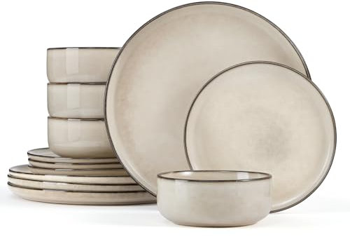 Homikit 12 Piece Dinner Set, Reactive Glaze Kitchen Dinnerware Sets for 4, Elegant Stoneware Included Plates and Bowls, Non-Scratch & Sturdy, Dishwasher & Microwave Safe, Desert Khaki