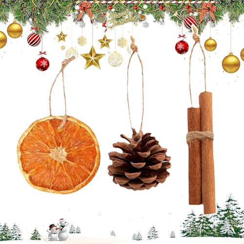 Natural Orange Slices Cinnamon Pinecones Set with Jute Hangers, Handmade Rustic Christmas Tree Decorations, Natural Beaded Pine Cones Cinnamon Scented Sticks, Christmas Dried Orange Slice Ornaments