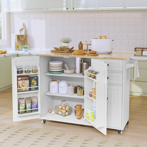 HOLTICO Küchenwagen mit Klappbarer Arbeitsplatte-Kücheninsel auf Rollen Küchenschrank Anrichte Küche Bewegliche Kücheninseln Für Esszimmer, Küche(Weiß)