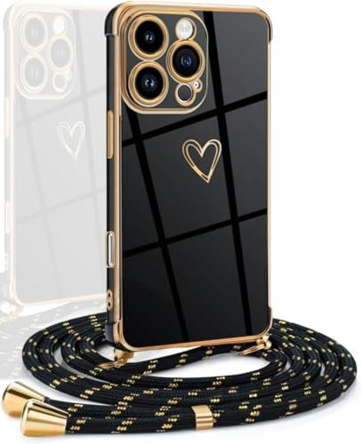 YAMCCCSE Funda para iPhone 16 Pro con Cuerda, TPU Suave Silicona diseño de corazón con Chapado en Oro de Lujo, para Mujeres y niñas