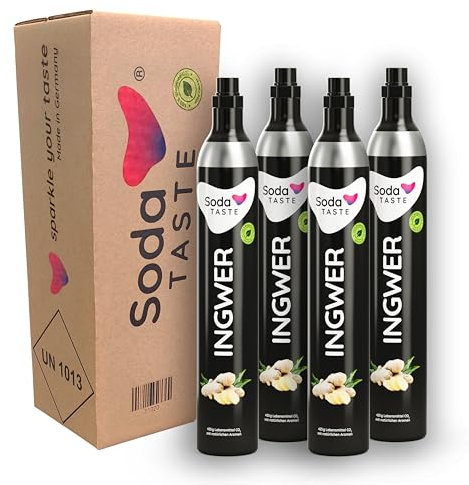 SodaTASTE CO2-Zylinder tauschen 4er-Pack (Refill) für Wassersprudler, mit natürlichem Ingwer-Aroma, ohne Sirup, für bis zu 240l Sprudelwasser mit Geschmack, zuckerfrei (ACHTUNG: 4 Leerzylinder nötig)