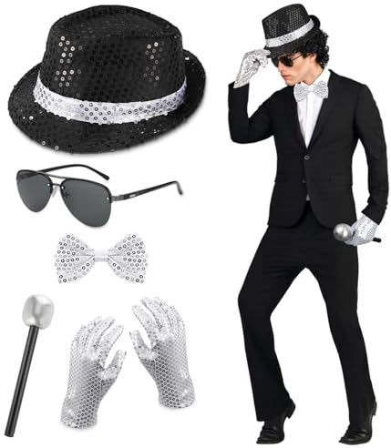 Hifot 5 STK MJ Kostüm Zubehör für Erwachsene, Pailletten Hut Fake Mikrofon Sonnenbrille Glitzer Fliege Handschuhen, Glitzer Outfit Disco Kostüm 70s Popstar Rockstar Karneval Halloween Cosplay Zubehör