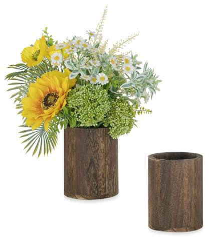 NUPTIO Vintage Vase Blumenvase aus Holz: 2 Stück 13cm Vasen Landhausstil Deko für Tischdeko Hochzeit - Braun Zylinder Kleine Blumentopf für Wohnzimmer Küche Fensterbank Dekoration